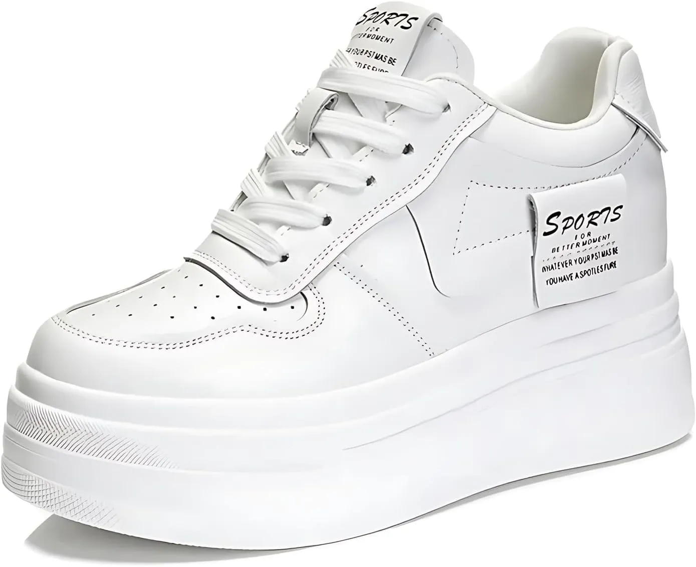 Platform Sneakers for Women - Chunky White Leather Microfiber Shoes with 5.5cm Heel & 2cm Platform Shoes, Cushioning Comfortable Footwear for Walking, Casual Women's Fashion Sneakers