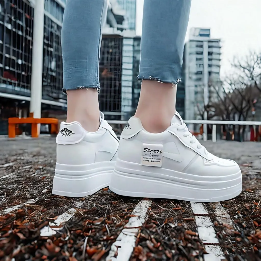 Platform Sneakers for Women - Chunky White Leather Microfiber Shoes with 5.5cm Heel & 2cm Platform Shoes, Cushioning Comfortable Footwear for Walking, Casual Women's Fashion Sneakers