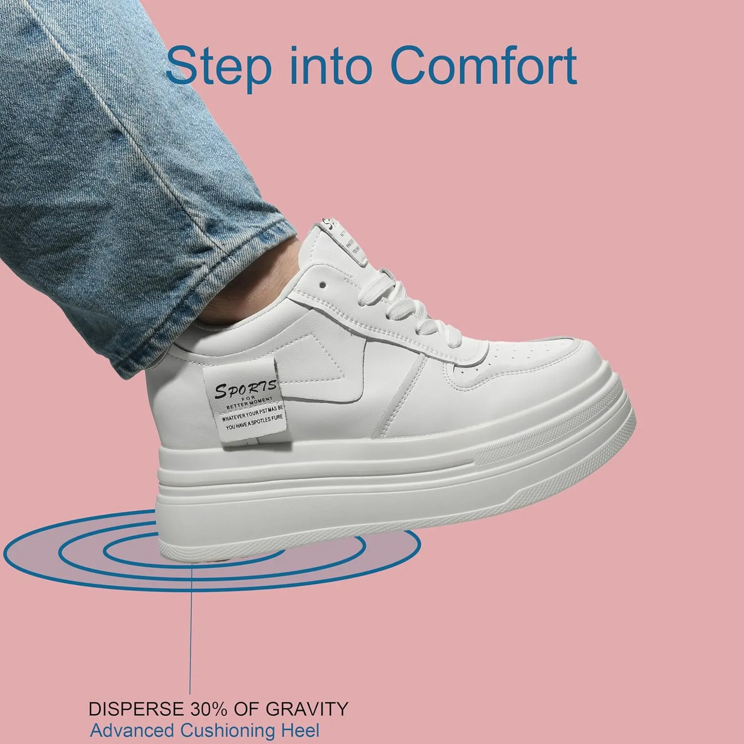 Platform Sneakers for Women - Chunky White Leather Microfiber Shoes with 5.5cm Heel & 2cm Platform Shoes, Cushioning Comfortable Footwear for Walking, Casual Women's Fashion Sneakers