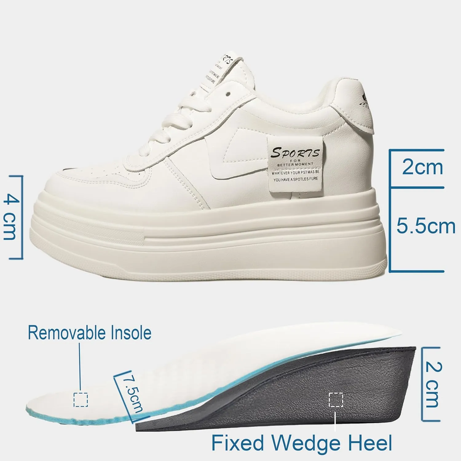 Platform Sneakers for Women - Chunky White Leather Microfiber Shoes with 5.5cm Heel & 2cm Platform Shoes, Cushioning Comfortable Footwear for Walking, Casual Women's Fashion Sneakers