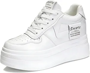 Platform Sneakers for Women - Chunky White Leather Microfiber Shoes with 5.5cm Heel & 2cm Platform Shoes, Cushioning Comfortable Footwear for Walking, Casual Women's Fashion Sneakers