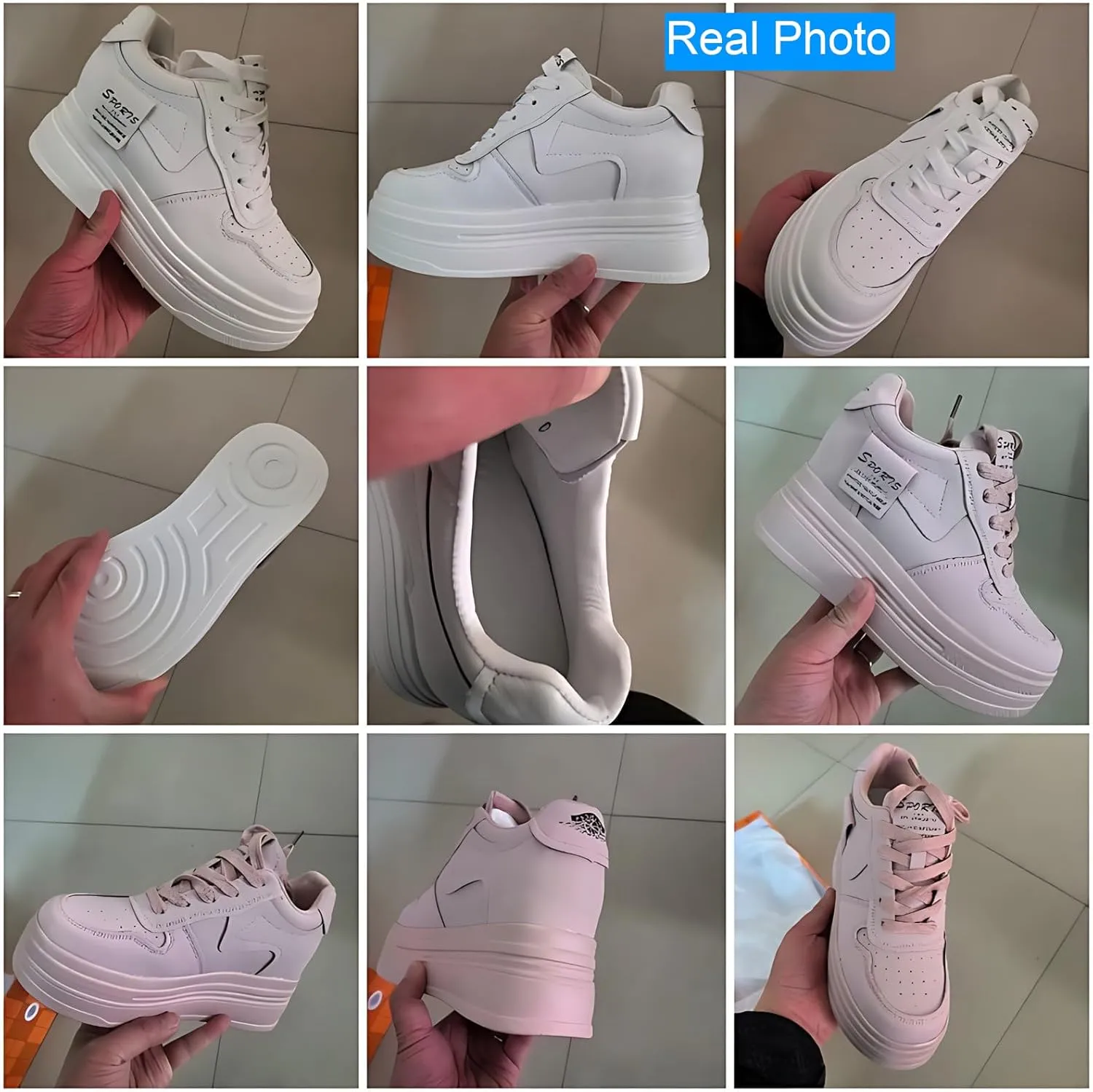 Platform Sneakers for Women - Chunky White Leather Microfiber Shoes with 5.5cm Heel & 2cm Platform Shoes, Cushioning Comfortable Footwear for Walking, Casual Women's Fashion Sneakers
