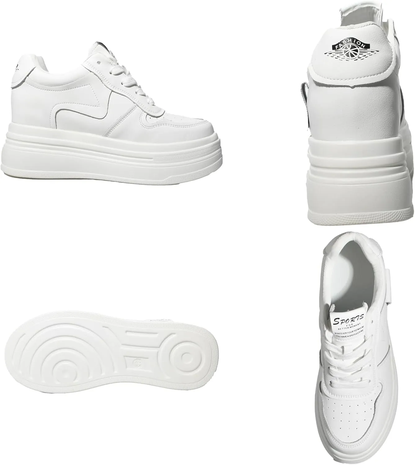 Platform Sneakers for Women - Chunky White Leather Microfiber Shoes with 5.5cm Heel & 2cm Platform Shoes, Cushioning Comfortable Footwear for Walking, Casual Women's Fashion Sneakers