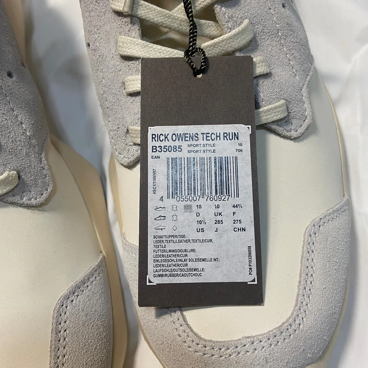 Rick owens x adidas white chalk tech runner sneakers 44.5