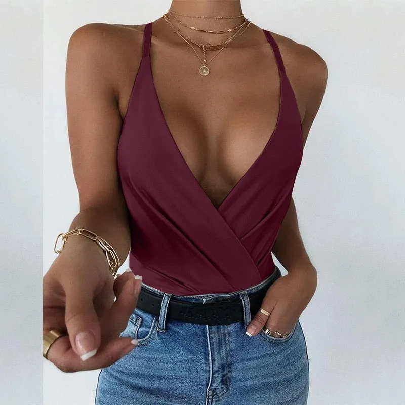 Wenkouban Bodycon Tee Shirt Summer Sexy V-Neck Sleeveless Tank Tops For Women Solid Color Clubwear Spaghetti Strap Plus Size