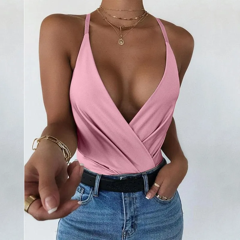 Wenkouban Bodycon Tee Shirt Summer Sexy V-Neck Sleeveless Tank Tops For Women Solid Color Clubwear Spaghetti Strap Plus Size