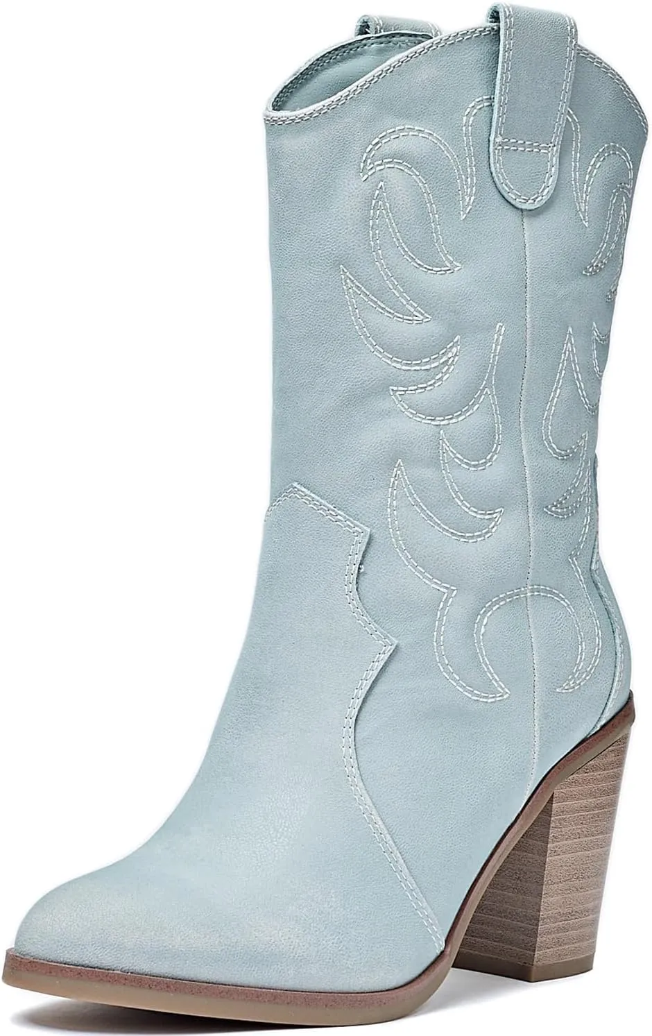 Women's Mid Calf Western Boots Pointed Toe Cowboy Boots Chunky Pump Heel Cowgirl Boots.